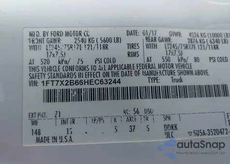 2017 Ford F-250 Xl из США, поврежденный, VIN 1FT7X2B66HEC63244